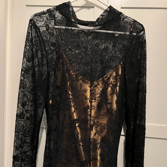 Johnny Was black lace top with copper colored camisole - Picture 1 of 6